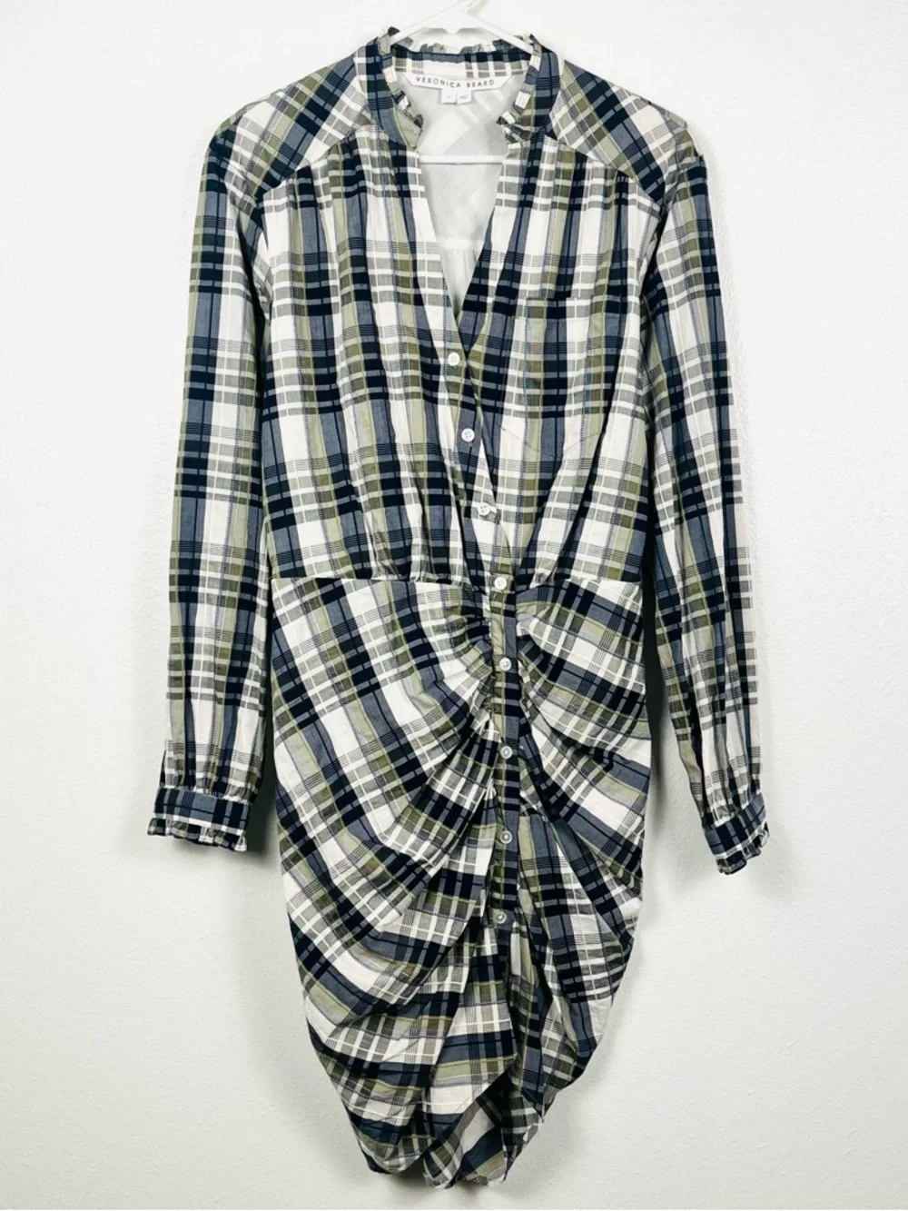 Veronica Beard Size 4 Vilette Plaid Button-Front Ruched Mini Shirt Dress - Picture 3 of 8